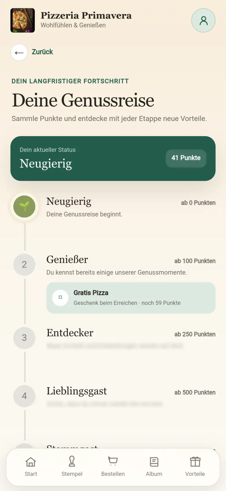 Konfigurierbare Genussreise mit Gaststufen und Vorteilen